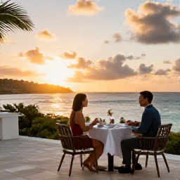 Caribbean Holidays, April Luxury Holidays, Elegant Antigua hotel terrace overlooking the Caribbean Sea at sunset, with a couple dining outdoors