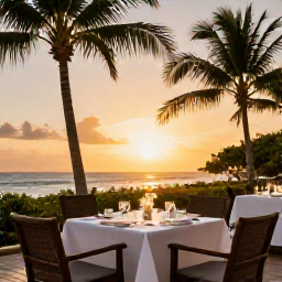 Caribbean Holidays, April Luxury Holidays, Elegant Caribbean beachfront restaurant at sunset, table set for dinner, palm trees and warm golden light