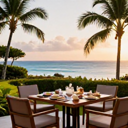 Caribbean Holidays, April Luxury Holidays, Elegant luxury hotel terrace overlooking the Caribbean Sea on Nevis, tropical gardens, breakfast table and soft morning light