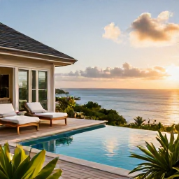 Caribbean Holidays, April Luxury Holidays, Elegant luxury villa terrace overlooking a Caribbean bay on St John, private plunge pool, tropical garden and sunset light