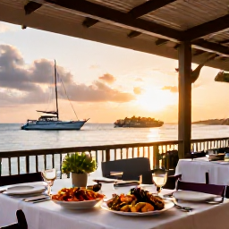 Caribbean Holidays, April Luxury Holidays, Elegant seaside restaurant in Grand Case serving fresh seafood at sunset, with Caribbean boats in the background