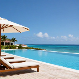 Caribbean Holidays, April Luxury Holidays, Luxury beachfront hotel terrace with infinity pool, sun loungers and views across the Caribbean on a clear April day