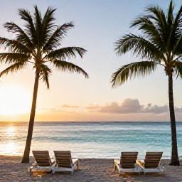 Caribbean Holidays, April Luxury Holidays, Luxury beachfront resort on Saint Kitts at sunrise, calm turquoise sea, palm trees and elegant loungers