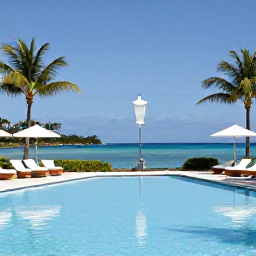 Caribbean Holidays, April Luxury Holidays, Luxury Caribbean resort swimming pool overlooking a calm bay in April, palm trees, elegant loungers and bright blue sky