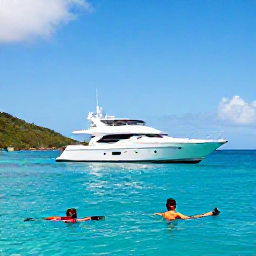 Caribbean Holidays, April Luxury Holidays, Luxury sailing yacht cruising between the British Virgin Islands in bright April sunshine, with snorkellers and calm turquoise water