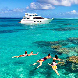 Caribbean Holidays, April Luxury Holidays, Luxury yacht cruising through clear turquoise water near Providenciales, Turks and Caicos Islands, guests snorkelling over a colourful coral reef