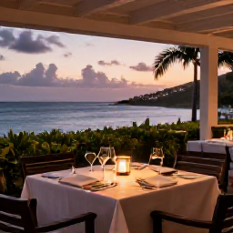 Caribbean Holidays, April Luxury Holidays, Open-air fine dining restaurant overlooking the Caribbean at sunset in St Thomas, beautifully set table and relaxed luxury atmosphere