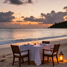 Caribbean Holidays, April Luxury Holidays, Private dining on a Caribbean beach in Saint Kitts at sunset, elegant table setting, lanterns and gentle waves