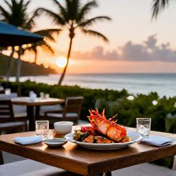 Caribbean Holidays, April Luxury Holidays, Relaxed upscale beachside restaurant in Providenciales at sunset, fresh seafood dinner and tropical island setting