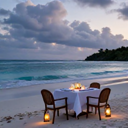 Caribbean Holidays, April Luxury Holidays, Romantic luxury dinner on an Antigua beach at dusk, with lanterns, elegant table setting and calm Caribbean waves