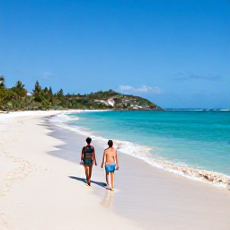 Caribbean Holidays, April Luxury Holidays, White sandy beach and calm turquoise water at Half Moon Bay, Antigua, with a couple walking along the shore