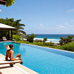 Caribbean Holidays, April Martinique Holidays, Adults relaxing beside an infinity pool at a stylish adults-only resort in Martinique, tropical greenery and blue sea in the background