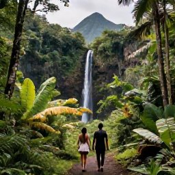 Caribbean Holidays, April Martinique Holidays, Couple walking through a lush Martinique rainforest towards a waterfall, tropical plants and volcanic hills in the distance