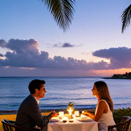 Caribbean Holidays, April Martinique Holidays, Elegant adults-only restaurant in Martinique at sunset, couple dining outdoors with Caribbean sea views and softly lit tables