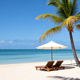 Caribbean Holidays, April Martinique Holidays, White sandy beach in Martinique in April, calm turquoise water, palm trees and two sun loungers beneath a parasol
