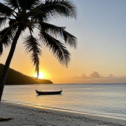 Caribbean Holidays, April Nature Holidays, A peaceful palm-fringed beach on Bequia at sunset, with calm turquoise water, a small wooden boat and island hills beyond