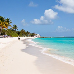 Caribbean Holidays, April Nature Holidays, A quiet tropical beach on Saint Martin with pale sand, clear turquoise water, palm trees and a visitor walking along the shoreline