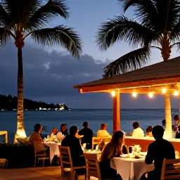 Caribbean Holidays, April Nature Holidays, A relaxed April evening at a Saint Martin waterfront restaurant, with palm trees, warm lights and diners overlooking the sea