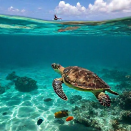 Caribbean Holidays, April Nature Holidays, A sea turtle swimming above a clear turquoise reef near the Grenadine islands, with colourful fish and a small sailing boat in the distance
