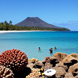 Caribbean Holidays, April Nature Holidays, Calm turquoise bay beside a volcanic island, with snorkellers viewing colourful fish and coral in April