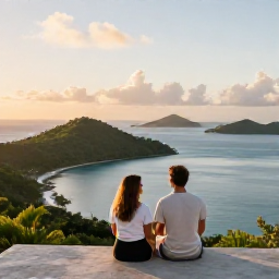 Caribbean Holidays, April Nature Holidays, Couple relaxing at a quiet Caribbean viewpoint at sunset in the British Virgin Islands, looking over green islands and calm blue sea