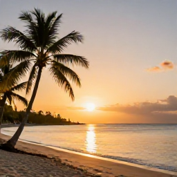 Caribbean Holidays, April Nature Holidays, Golden sunset over a quiet beach on Saint Kitts and Nevis, with palm silhouettes and calm Caribbean water