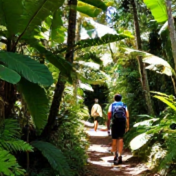 Caribbean Holidays, April Nature Holidays, Green rainforest trails on Mount Liamuiga in Saint Kitts, with tropical foliage and hikers in April sunshine