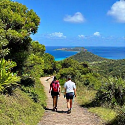 Caribbean Holidays, April Nature Holidays, Hikers walking a scenic trail on Sage Mountain in Tortola, surrounded by lush rainforest and views across the British Virgin Islands
