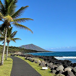 Caribbean Holidays, April Nature Holidays, Scenic coastal walking path on Nevis with views of the Caribbean Sea, palm trees and volcanic hills
