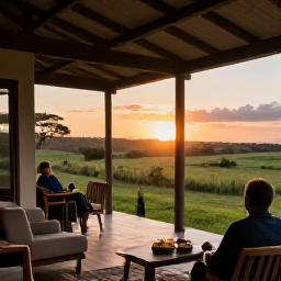 Caribbean Holidays, April Safari Holidays, A comfortable safari lodge with a covered veranda overlooking green plains at sunset, with guests relaxing after a game drive
