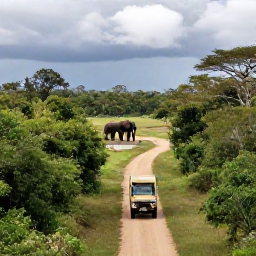 Caribbean Holidays, April Safari Holidays, A safari vehicle travelling along a quiet track through lush April woodland, with elephants near a waterhole and dark rain clouds clearing in the distance