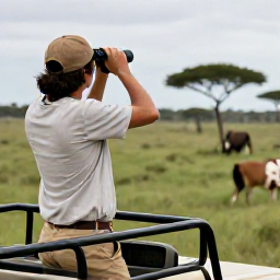 Caribbean Holidays, April Safari Holidays, Travellers watching wildlife from an open-sided safari vehicle on a green African plain, with practical light clothing and binoculars
