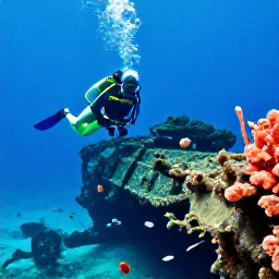 Caribbean Holidays, April Scuba Diving, A diver exploring a historic shipwreck on the seabed near the British Virgin Islands, surrounded by reef fish and clear blue water