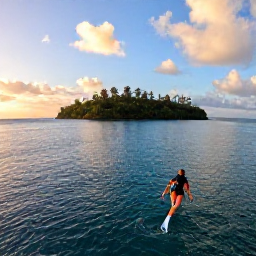Caribbean Holidays, April Scuba Diving, A diver rising from the sea beside a small tropical island in the British Virgin Islands during golden afternoon light