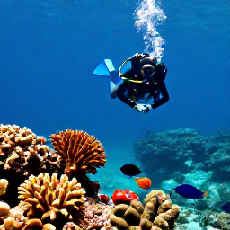 Caribbean Holidays, April Scuba Diving, Colourful coral reef with tropical fish and a scuba diver in turquoise Turks and Caicos water
