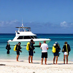 Caribbean Holidays, April Scuba Diving, Friendly Caribbean dive instructor briefing a small group of divers beside a tropical beach before an April boat dive