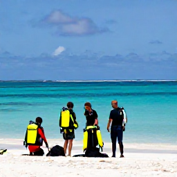 Caribbean Holidays, April Scuba Diving, Friendly professional dive instructor preparing equipment with holidaymakers beside a tropical Caribbean beach