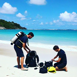Caribbean Holidays, April Scuba Diving, Friendly scuba divers preparing equipment on a sunny beach in Antigua