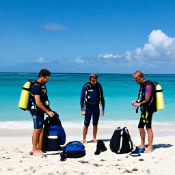 Caribbean Holidays, April Scuba Diving, Friendly scuba diving group preparing equipment beside a tropical beach in Turks and Caicos