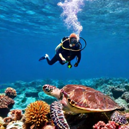 Caribbean Holidays, April Scuba Diving, Scuba diver observing coral reef and sea turtles near Nevis, with sunlight filtering through clear Caribbean water