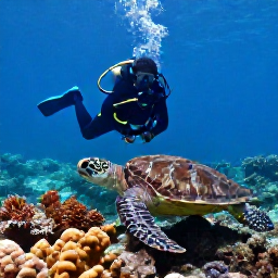 Caribbean Holidays, April Scuba Diving, Scuba diver swimming beside a sea turtle and coral reef in bright, clear water near the Tobago Cays