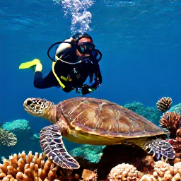Caribbean Holidays, April Scuba Diving, Scuba diver swimming beside a sea turtle over a healthy Caribbean coral reef with sunlight filtering through the water