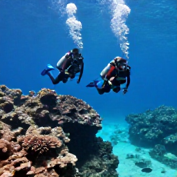 Caribbean Holidays, April Scuba Diving, Scuba divers descending beside a rocky reef with tropical fish in the clear waters of Saint Barth&eacute;lemy
