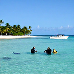 Caribbean Holidays, April Scuba Diving, Small Caribbean dive boat approaching a sheltered bay with palm trees, calm turquoise water and divers preparing their equipment