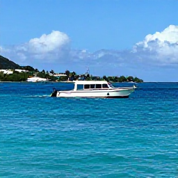 Caribbean Holidays, April Scuba Diving, Small dive boat travelling across calm turquoise Caribbean water with Saint Martin coastline in the background