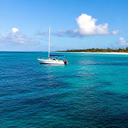 Caribbean Holidays, April Scuba Diving, Small dive boat travelling across calm turquoise sea towards a tropical island in Turks and Caicos
