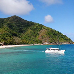 Caribbean Holidays, April Scuba Diving, Traditional dive boat approaching a quiet tropical bay with lush green hills and turquoise water in Saint Vincent and the Grenadines
