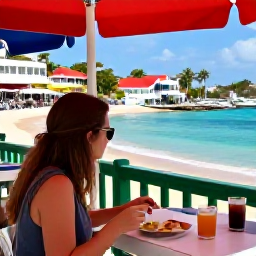 Caribbean Holidays, April Solo Holidays, A colourful beachfront caf&eacute; in Marigot, Saint Martin, with a solo traveller enjoying breakfast, French Caribbean buildings, boats and sunny April weather