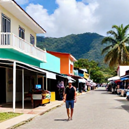 Caribbean Holidays, April Solo Holidays, A friendly solo traveller walking through Port of Spain, Trinidad, past colourful buildings, market stalls and tropical greenery
