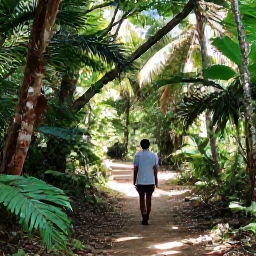 Caribbean Holidays, April Solo Holidays, A lone traveller on a forest trail in Tobago, surrounded by lush tropical vegetation with sunlight filtering through the trees